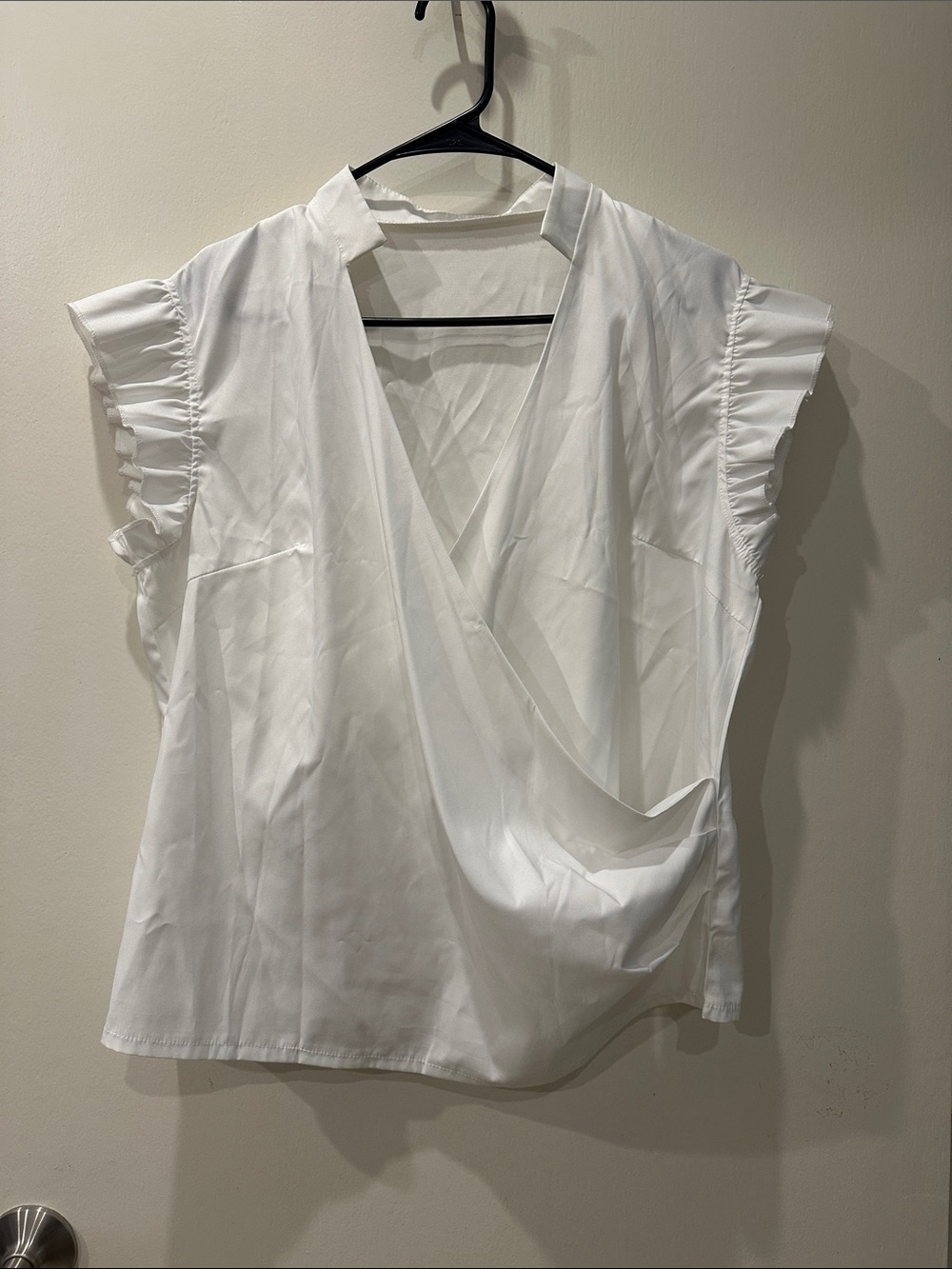 SHEIN White Draped V-Neck Ruffle Sleeve Blouse